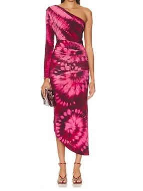 Johanna Ortiz One-Shoulder Fuchsia and Magenta Tie-Dye Midi Dress